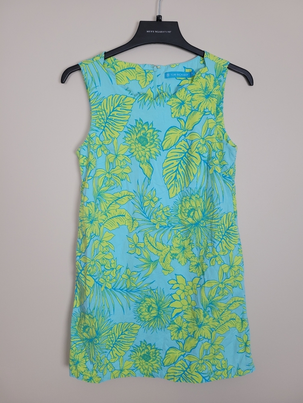 Tori Richard Shift Dress Blue Green Floral Womens 0 Scallop Neck Bright
